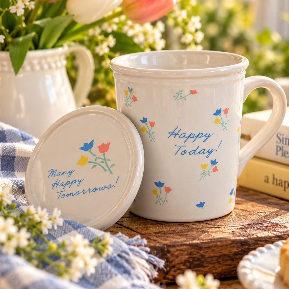 Vintage 1983 Hallmark Mug Mates Happy Today Floral Ceramic Mug with Lid White